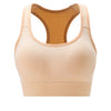 A beige seamless racerback sports bra set with a tan lining is shown from the front.