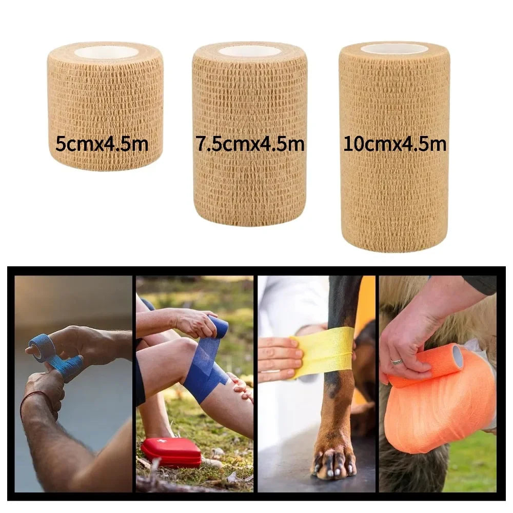 Rolls of beige elastic bandage tape in various widths, shown being applied to an arm.