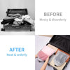 Before and after comparison showing messy clothes in a storage box versus neat, organized items in reusable drawstring bags.