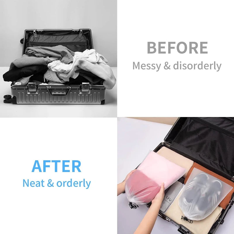 Before and after comparison showing messy clothes in a storage box versus neat, organized items in reusable drawstring bags.