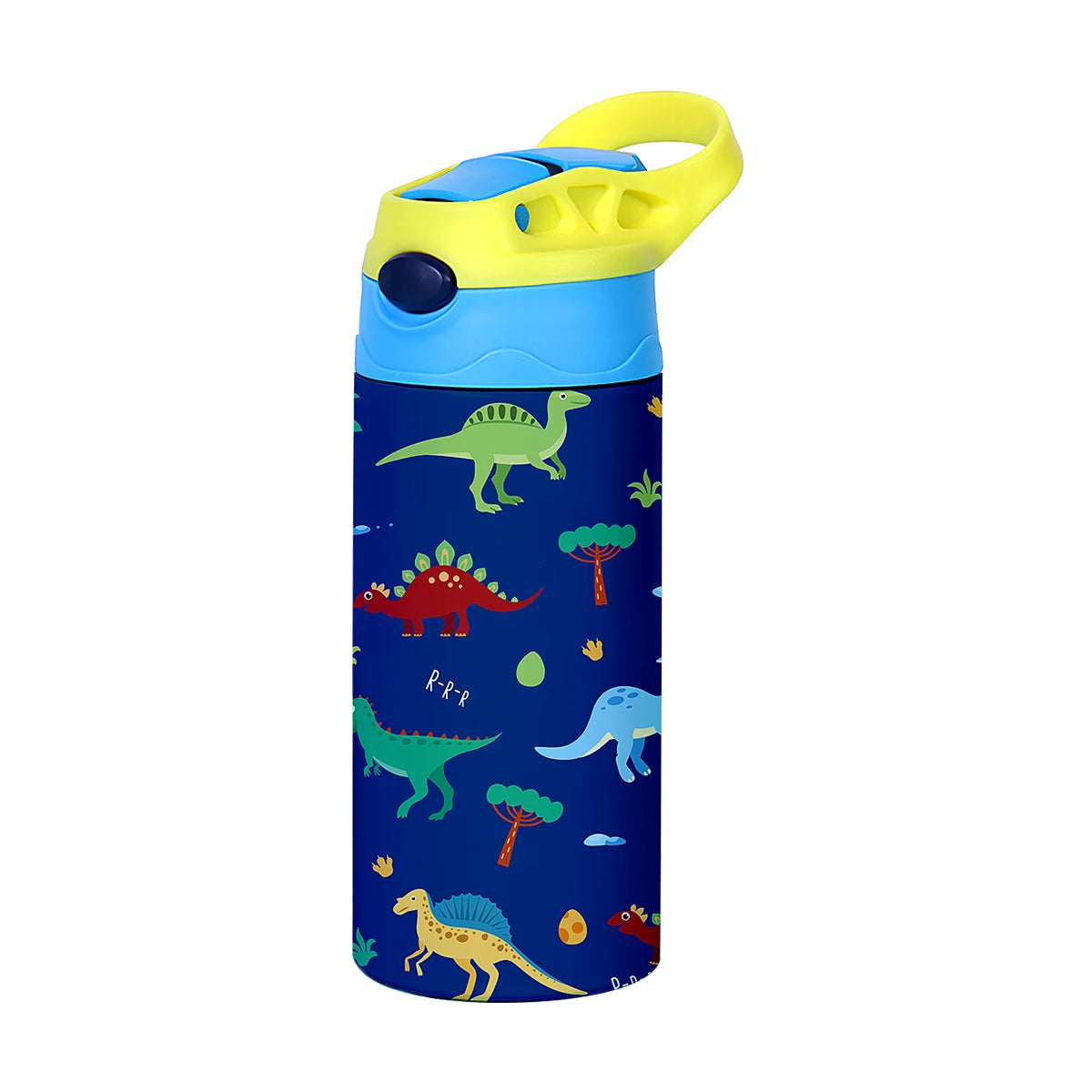 A yellow and blue insulated stainless steel thermos cup featuring a cartoon dinosaur pattern.