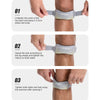 Step-by-step instructions showing how to apply and adjust an adjustable patellar tendon support strap on a knee.