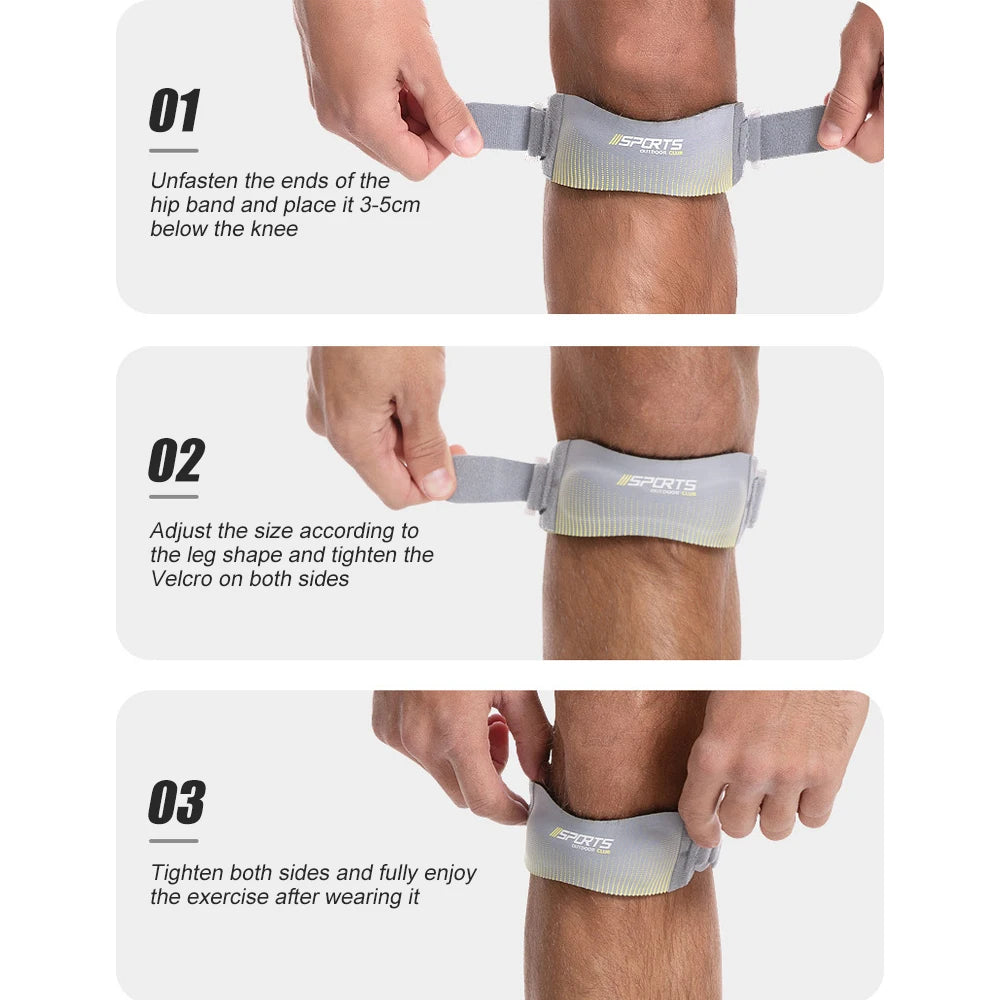 Step-by-step instructions showing how to apply and adjust an adjustable patellar tendon support strap on a knee.
