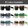 Six colors of trendy square sunglasses displayed in various shades and angles.