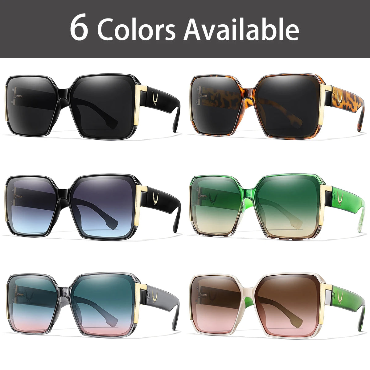 Six colors of trendy square sunglasses displayed in various shades and angles.