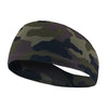 A dark green and brown camouflage elastic sports headband shown from the side.