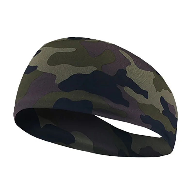 A dark green and brown camouflage elastic sports headband shown from the side.