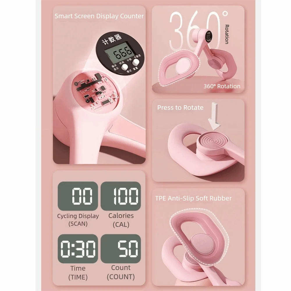 Pink smart screen display counter for cycling, showing metrics like calories and time.
