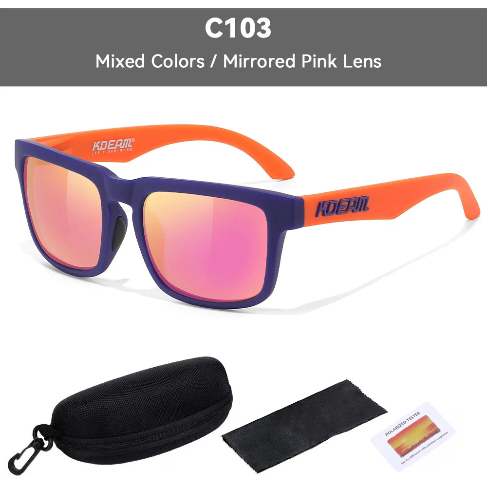 Orange gerahmte polarisierte Sonnenbrille mit spiegelnden rosa Linsen und schwarzem Schutzetui