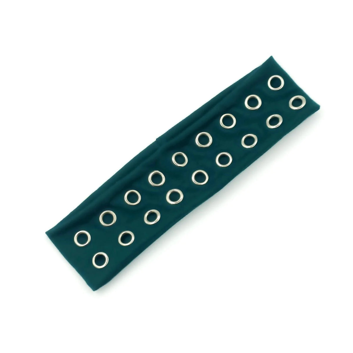 Bandeau en œillet punk grunge bleu sarcelle foncé avec petits anneaux métalliques.