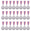 A collection of gold, silver, and bronze award medals with blue, white, and red ribbons.