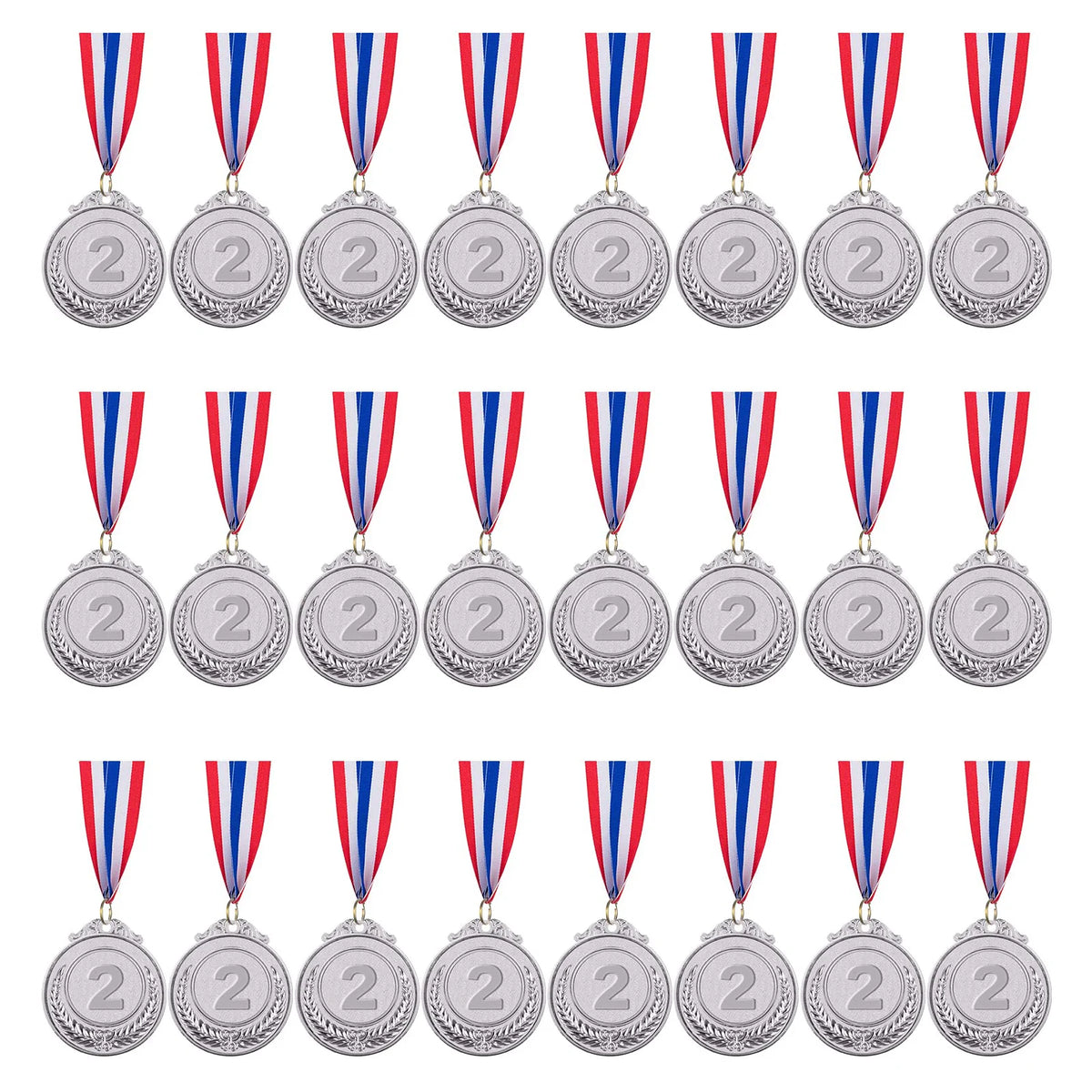 A collection of gold, silver, and bronze award medals with blue, white, and red ribbons.