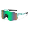 A pair of clear-tinted, adjustable square sunglasses with light blue frames and black arms.