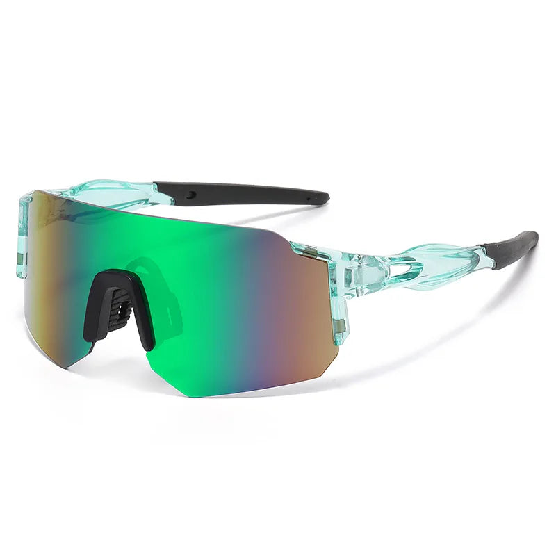 A pair of clear-tinted, adjustable square sunglasses with light blue frames and black arms.