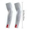 A pair of white protective arm sleeves shown vertically with a measurement of 16.93 inches or 43 cm.