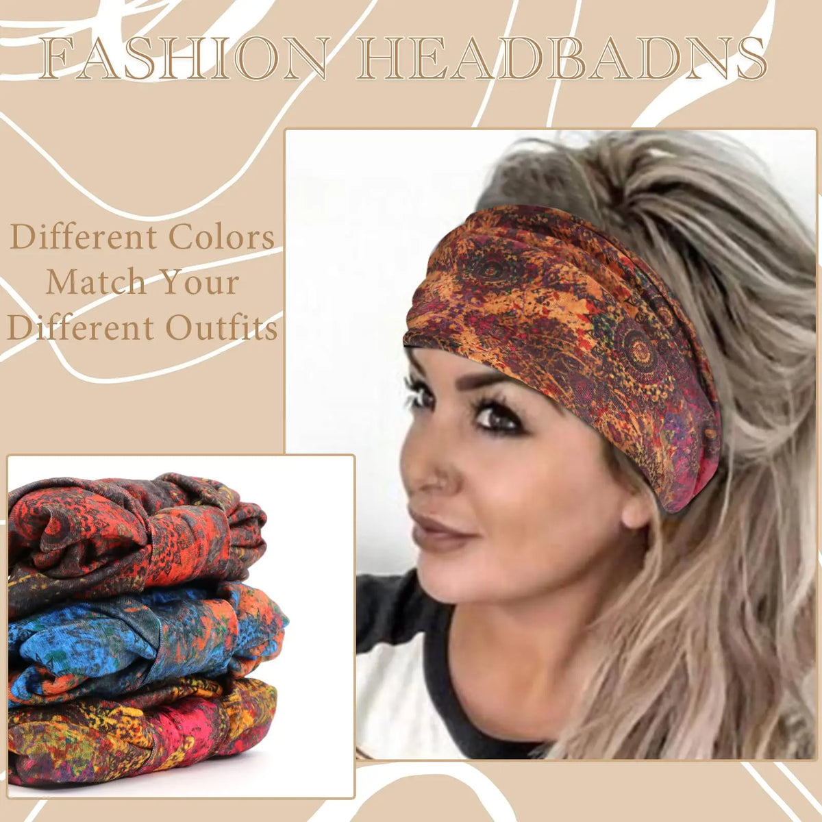 A woman models a patterned, knitted cotton headband in shades of orange and brown on her hair.