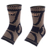 Black ankle compression brace with gold-colored patterned knit texture.