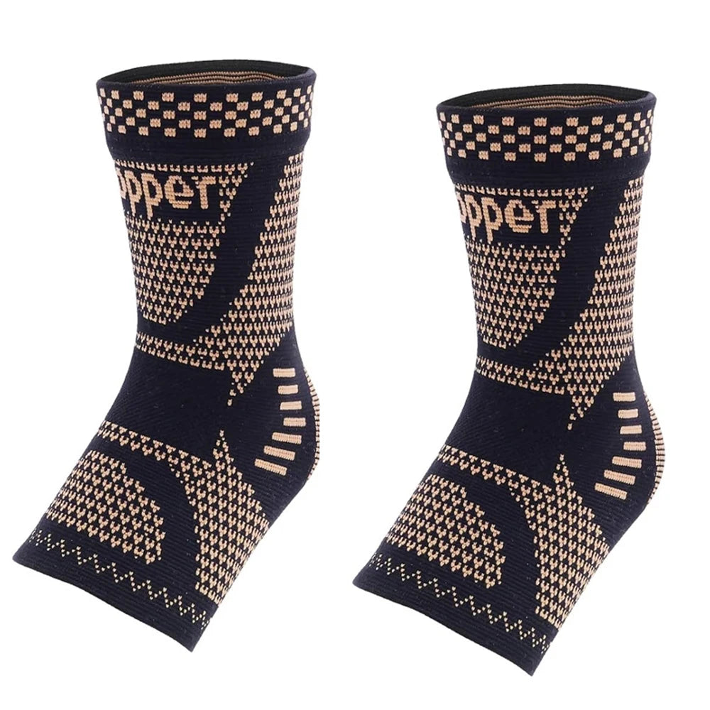 Black ankle compression brace with gold-colored patterned knit texture.