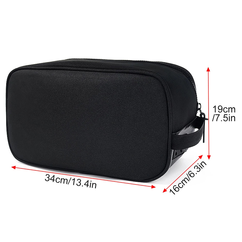 Black waterproof sports shoe carrier bag shown with dimensions.