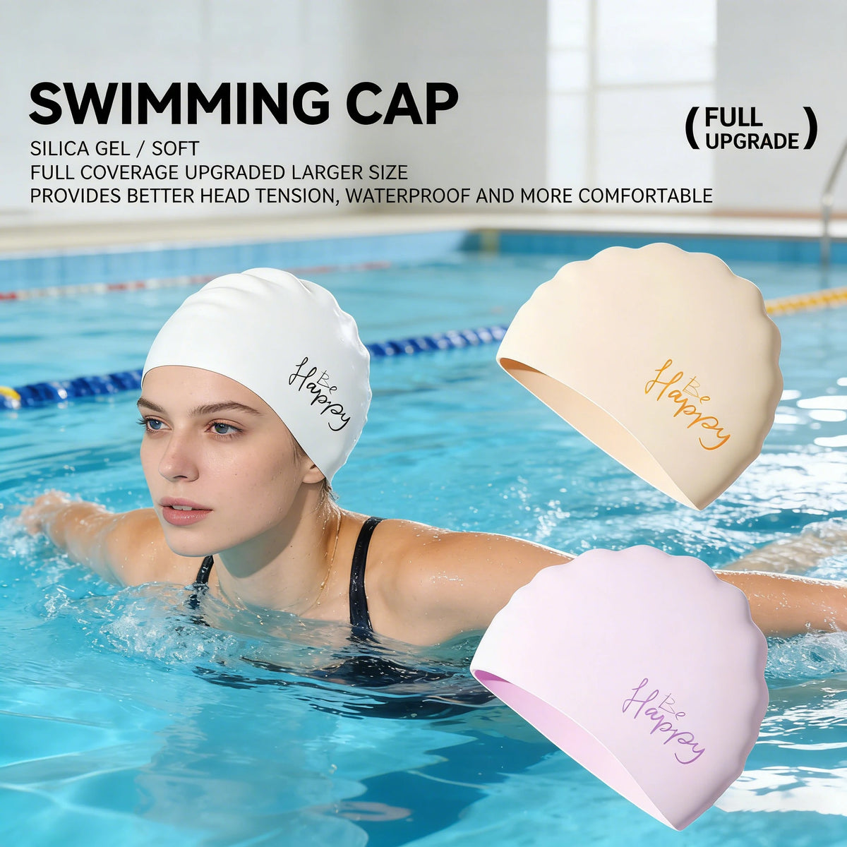 Una mujer con una gorra de silicona blanca en una piscina, con gorras de baño rosas y beige cerca.