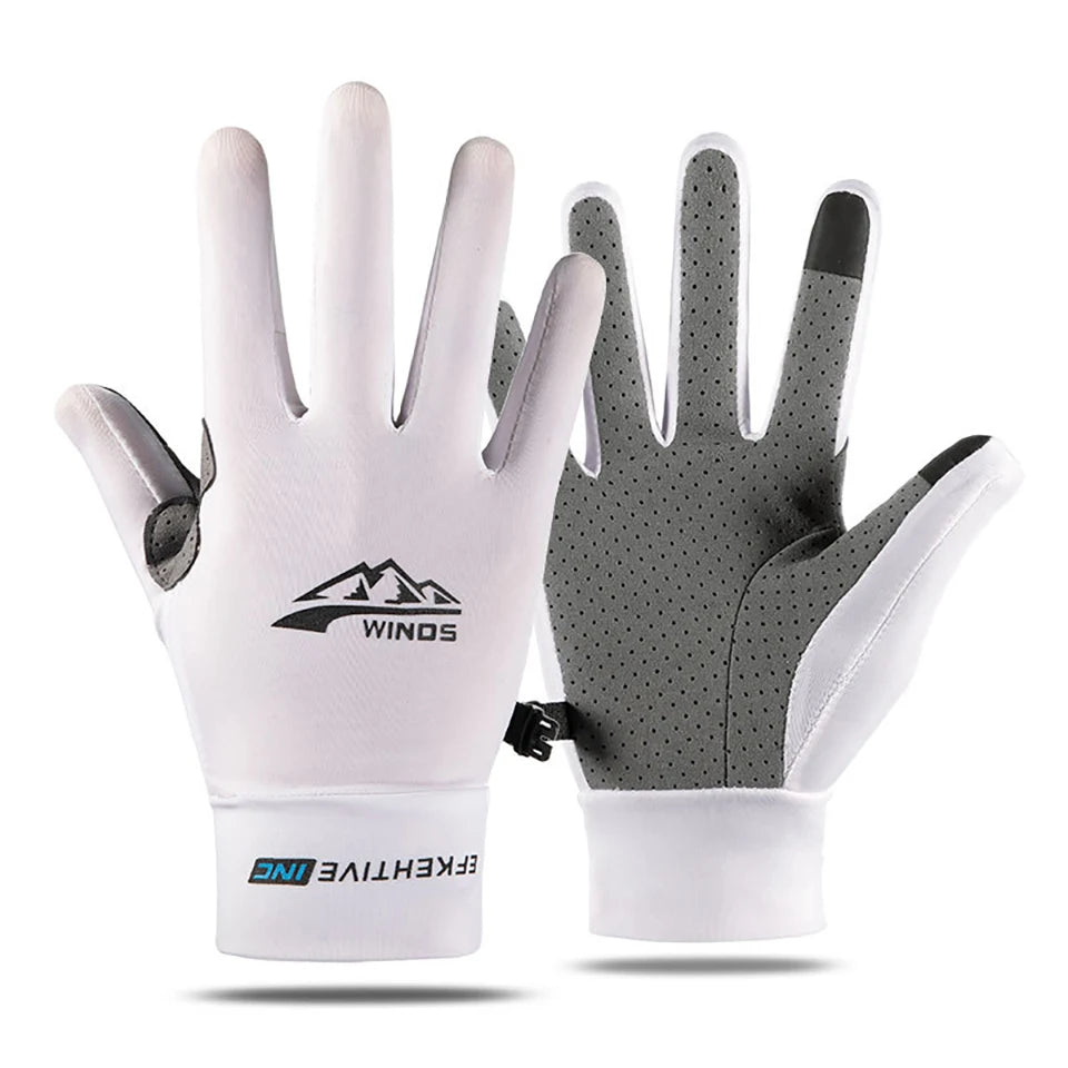 A pair of white and gray summer ice silk sun protection gloves shown against a white background.