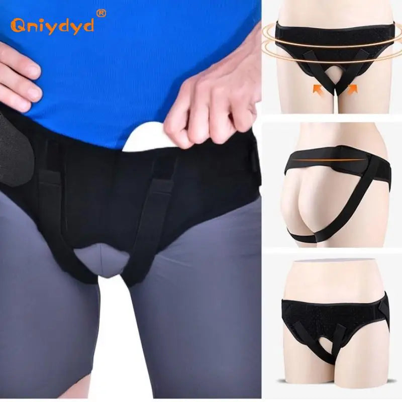 Black inguinal hernia support belt worn on the lower abdomen and groin area.