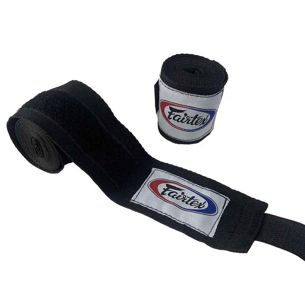 Black boxing hand wraps with a red and blue Fairtex logo visible on the wrist support.