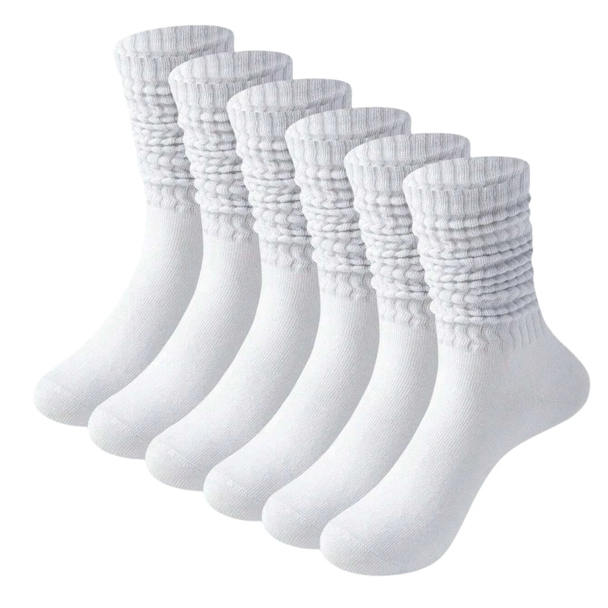 A stack of six pairs of white slouch knit scrunch socks displayed on a white background.