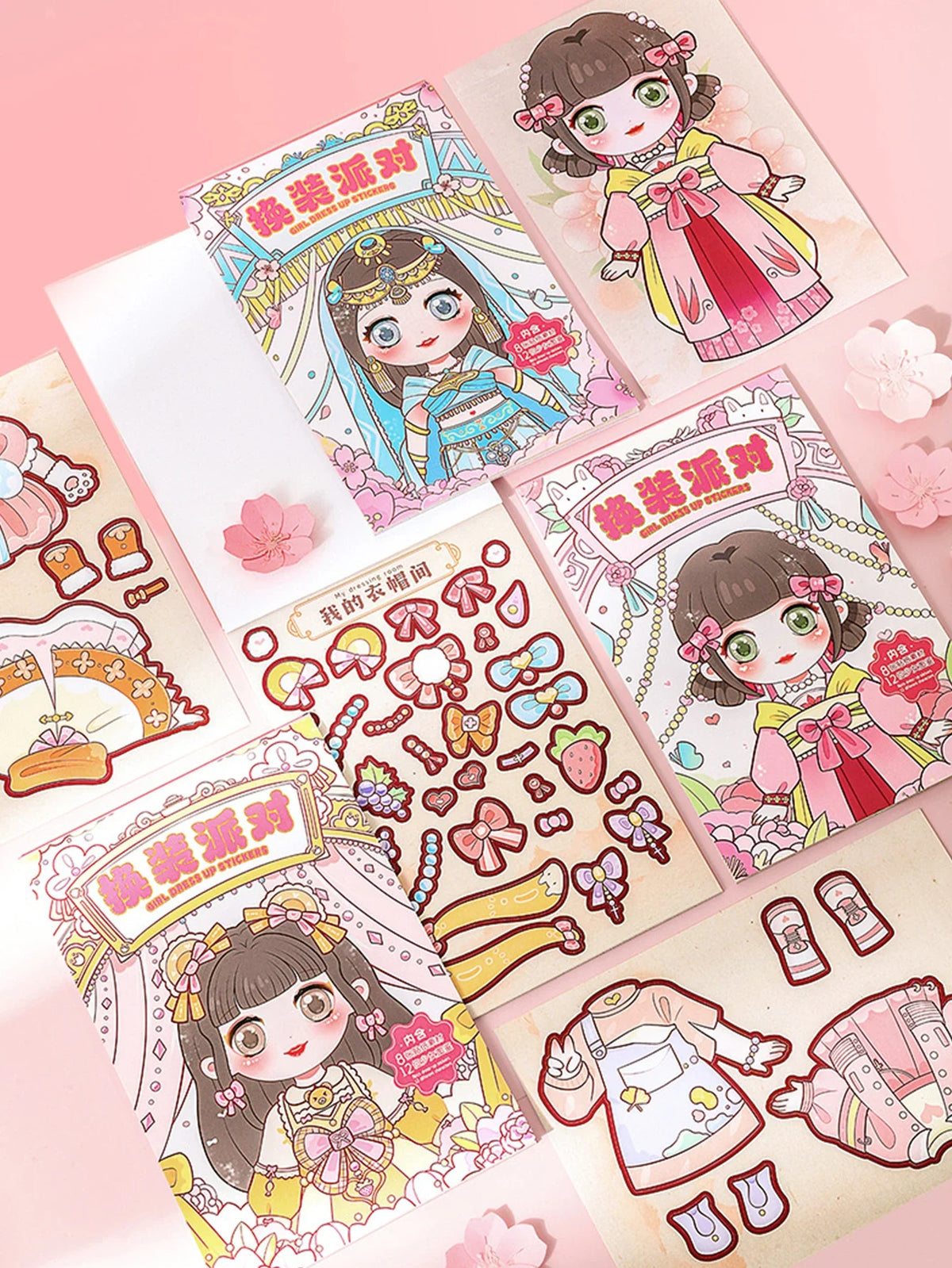 Colección de pegatinas de caras de dibujos animados reutilizables con una niña en diferentes atuendos y estilos.