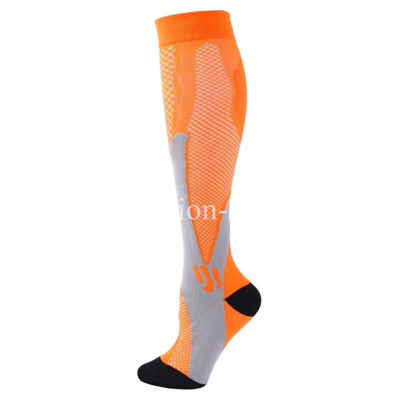 Orange compression socks with gray accents designed for veins and pregnancy support