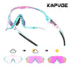 A pair of purple and pink photochromic cycling sunglasses shown in various color tints.