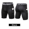 Shorts deportivos de compresión para hombre negros, de secado rápido, mostrados por delante y por detrás.