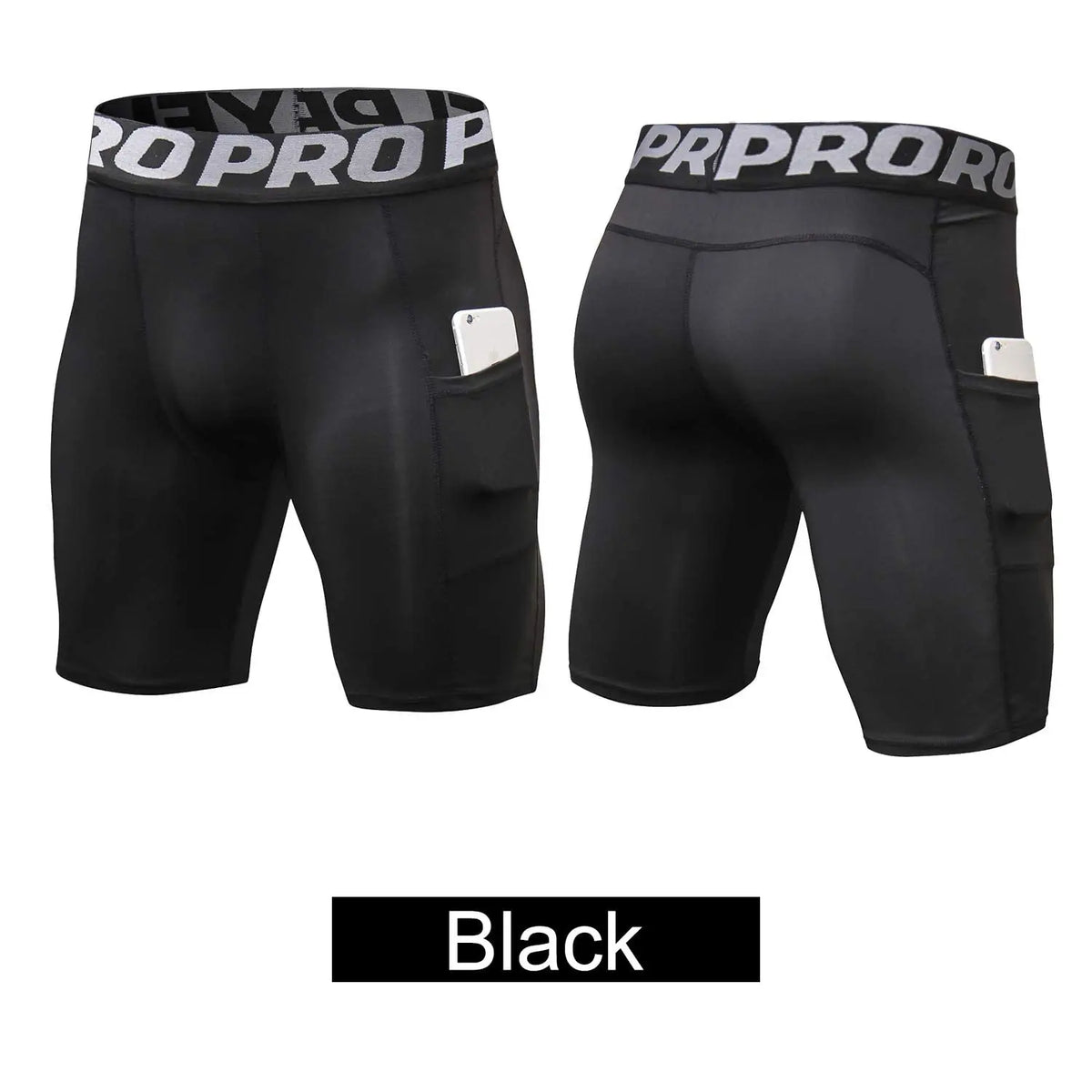 Shorts deportivos de compresión para hombre negros, de secado rápido, mostrados por delante y por detrás.