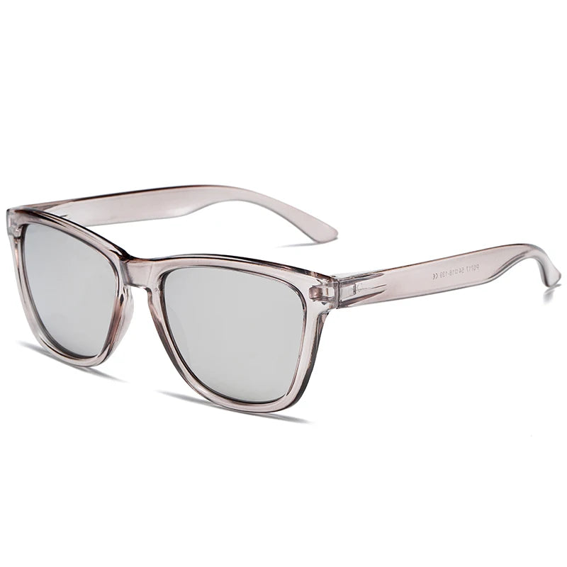 Clear gradient mirrored sunglasses with a translucent pink frame shown against a white background.