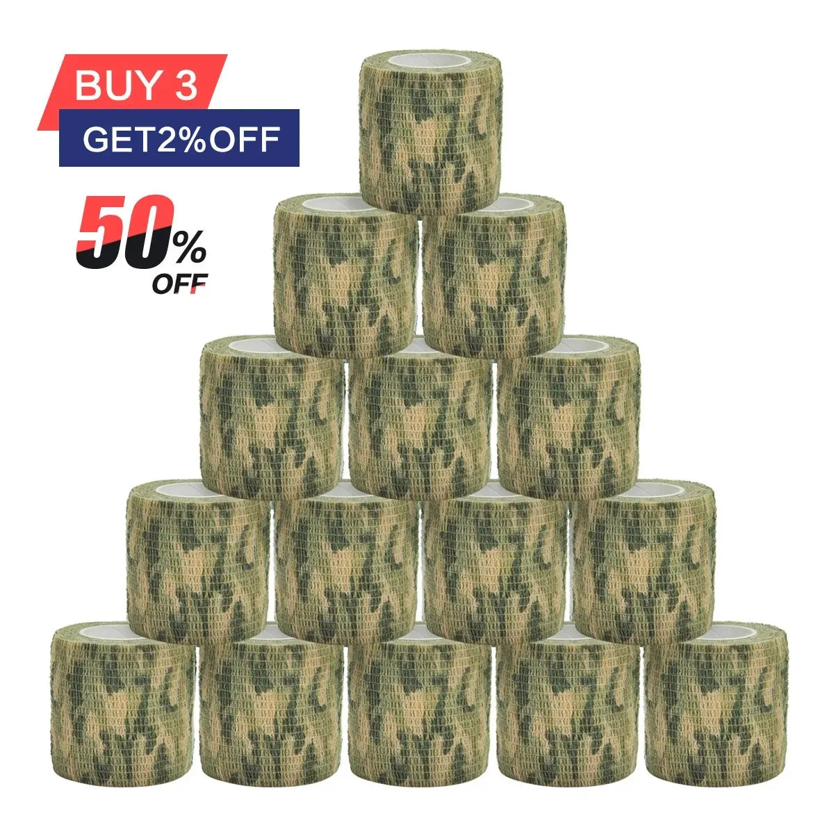Three rolls of outdoor camouflage elastic wrap tape with a buy three get twenty percent off promotion.
