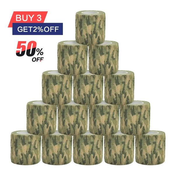 Three rolls of outdoor camouflage elastic wrap tape with a buy three get twenty percent off promotion.