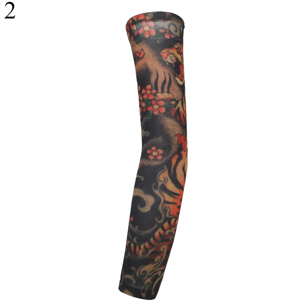 A black arm sleeve featuring a detailed orange and red tiger design for UV protection.