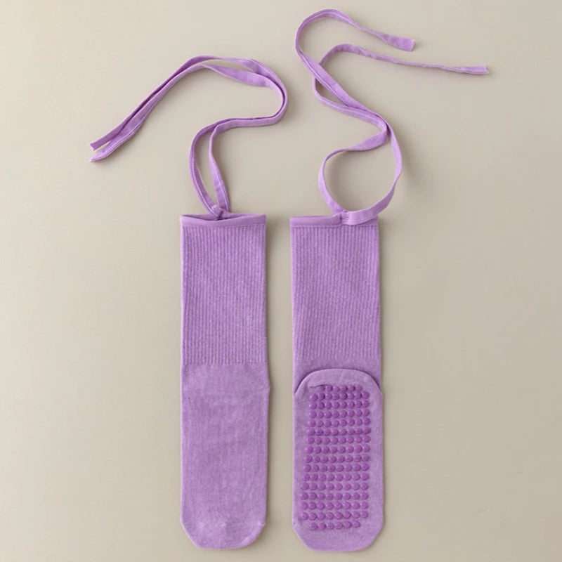Purple silicone anti-slip yoga socks with elastic drawstrings