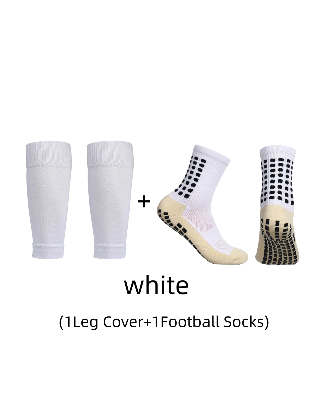 White anti-slip football socks and leg cover set for protection