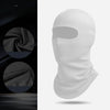 A white thermal balaclava head covering shown in a full-face mask style with a visible eye opening.