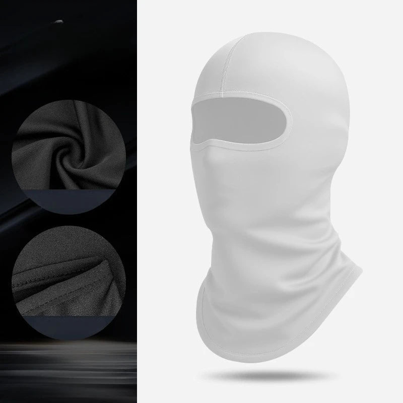 A white thermal balaclava head covering shown in a full-face mask style with a visible eye opening.