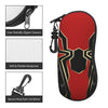 Red and black neoprene pouch for eyeglasses featuring a spider web design and a secure keychain carabiner.