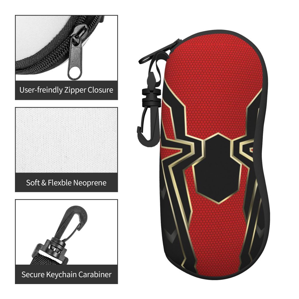 Red and black neoprene pouch for eyeglasses featuring a spider web design and a secure keychain carabiner.