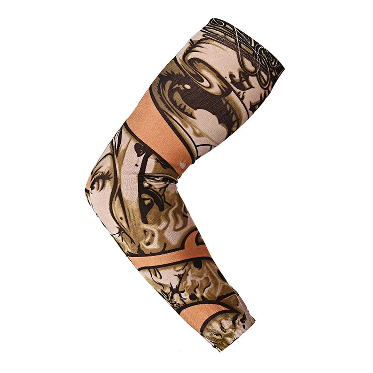 A close-up of a beige and brown patterned sun protection breathable arm sleeve worn on an arm.