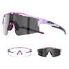 Purple photochromic cycling sunglasses with dark lenses and purple frames shown from the side and front.