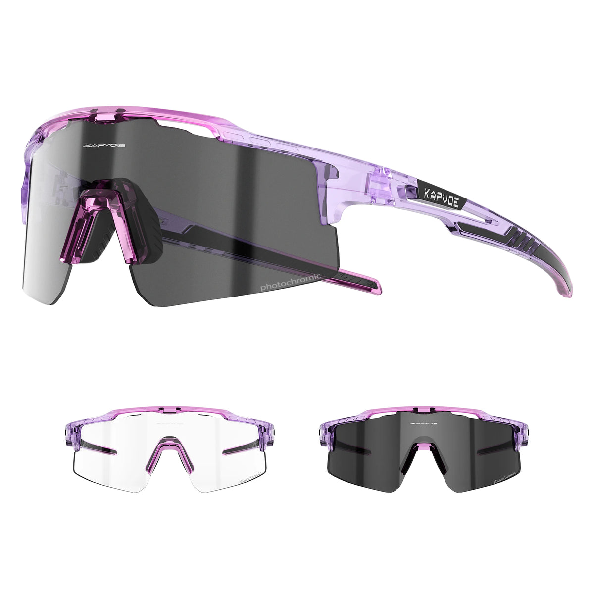 Purple photochromic cycling sunglasses with dark lenses and purple frames shown from the side and front.
