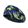 A navy blue and lime green patterned elastic sports headband shown from the side.
