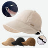 Gorra de béisbol de ala ancha beige con protección UV, mostrada en varios ángulos y colores.