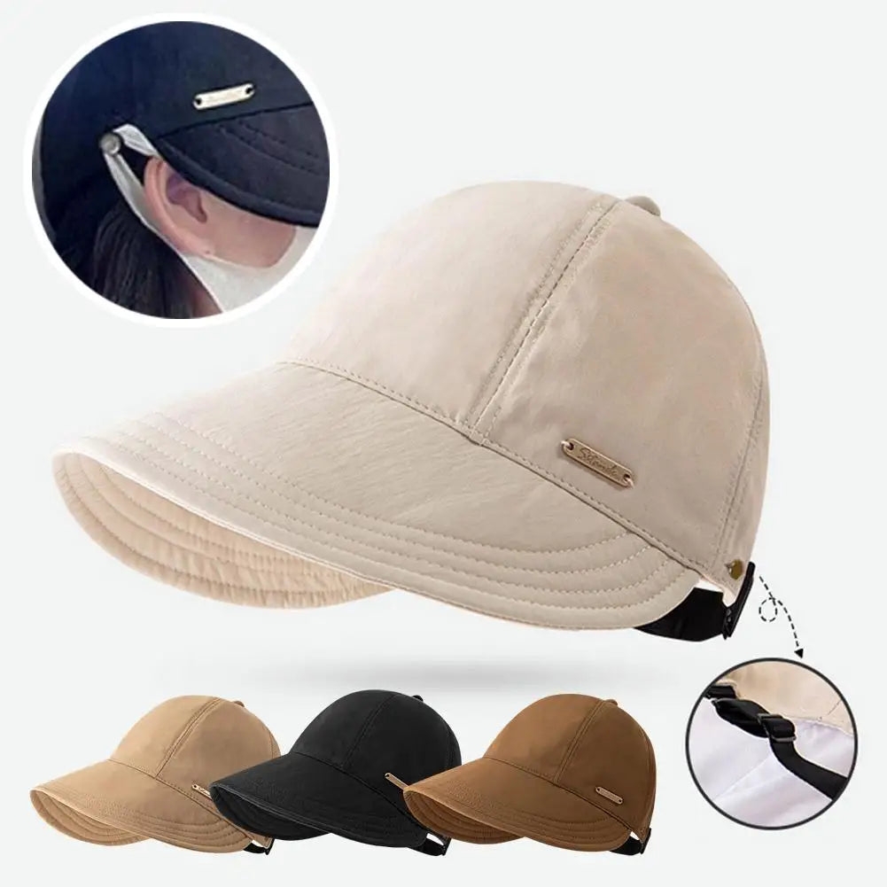 Gorra de béisbol de ala ancha beige con protección UV, mostrada en varios ángulos y colores.