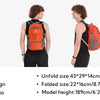 An orange foldable travel backpack shown in various configurations and with a model.